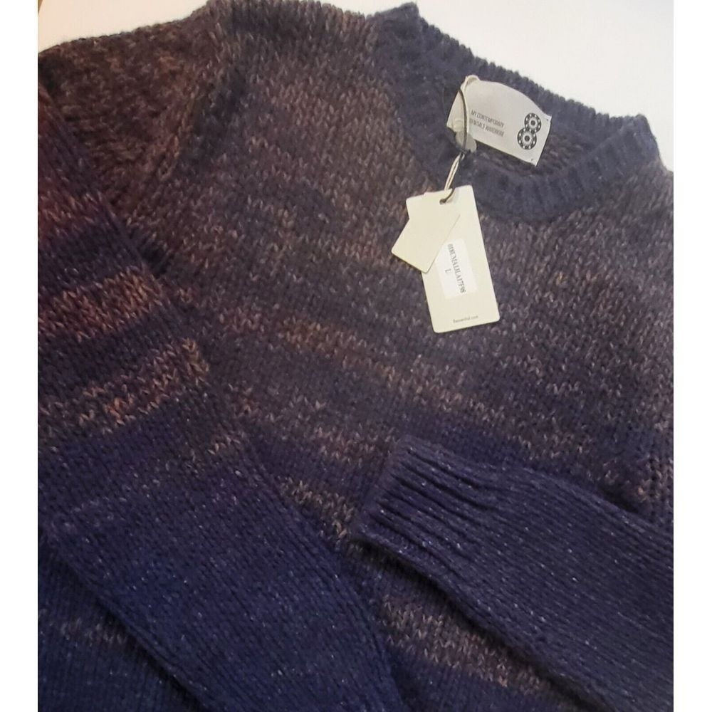 8‎ by Yoox Sweater Mens L Blue Orange Striped Crewneck Chunky Knit Virgin Wool